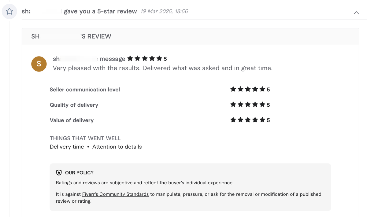 My first 5* review on Fiverr